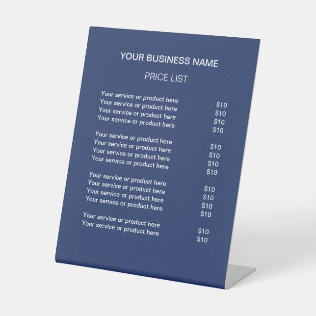 Navy Blue Simple Modern Price List Pedestal Sign (Front)