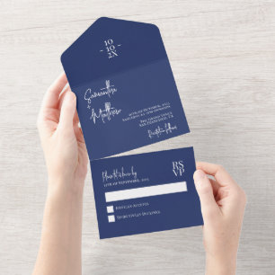 Navy Blue Simple Modern Rustic Wedding All In One Invitation