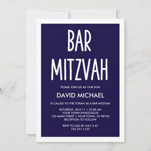 Navy Blue | Simple Modern Typography Bar Mitzvah Invitation (Front)