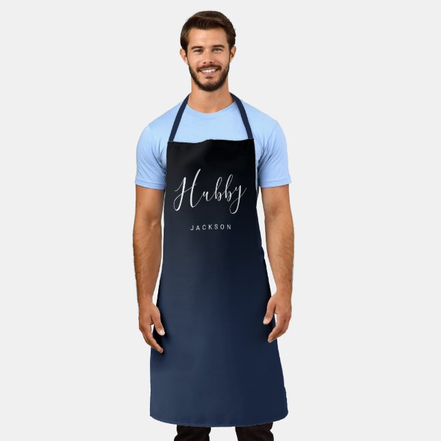 Navy blue simple personalised hubby apron (Worn)