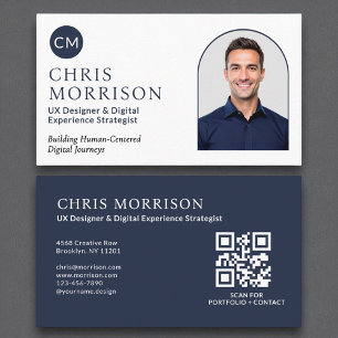 Navy Blue Simple Professional QR Code Photo  Business Card
