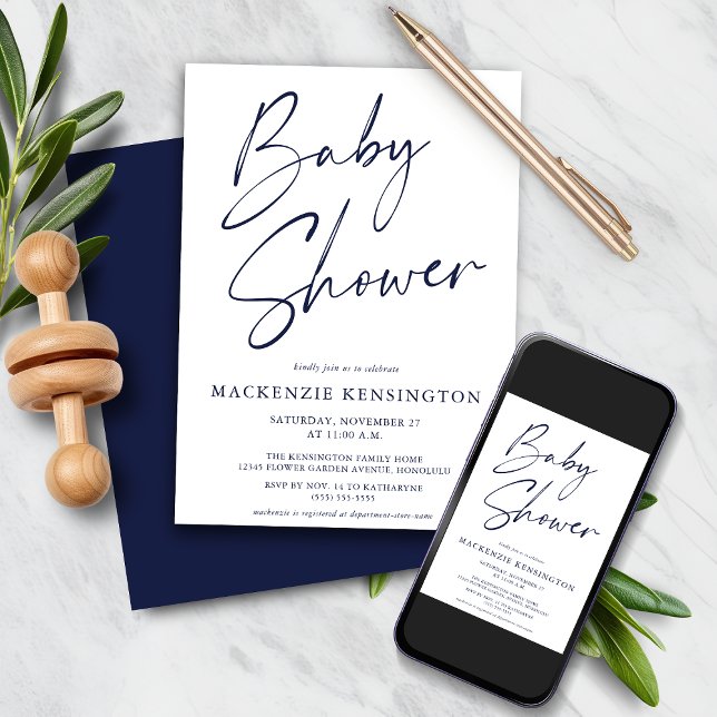 Navy Blue Simple Script Baby Shower Invitation (Navy Blue Simple Script Baby Shower Invitation)