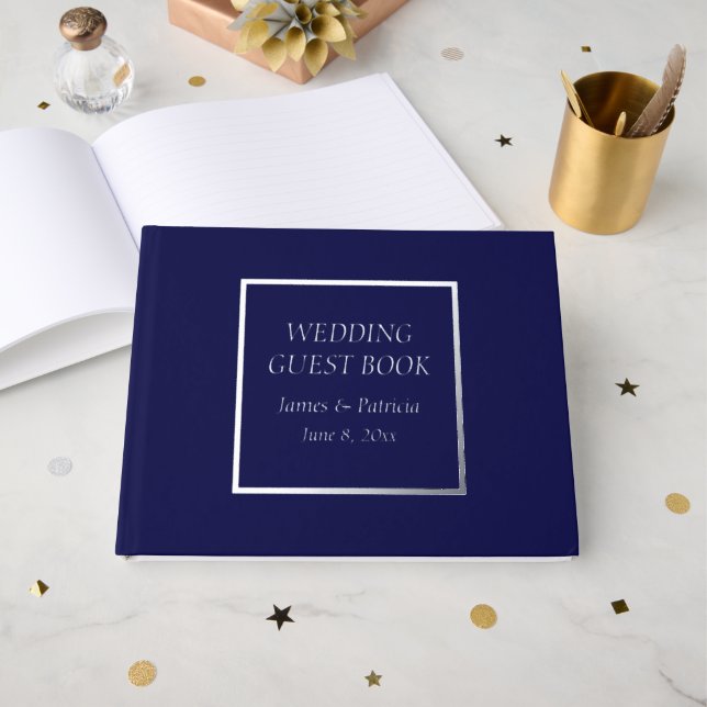 Navy Blue Simple Stylised Lettering Wedding Guest Book (Front Open)