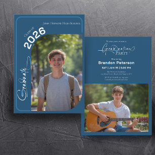 Navy Blue Simple Two Photo Graduation Party Invitation