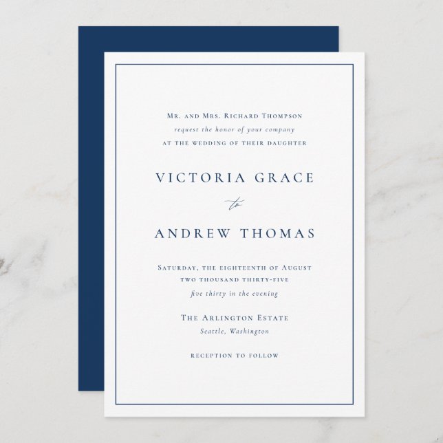Navy Blue Simple Typography Formal Wedding Invitation (Front/Back)