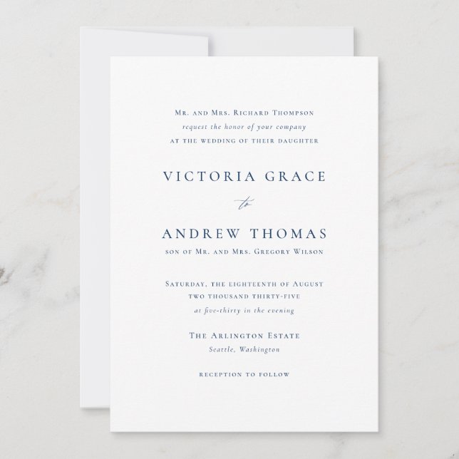 Navy Blue Simple Typography Formal Wedding Invitation (Front)