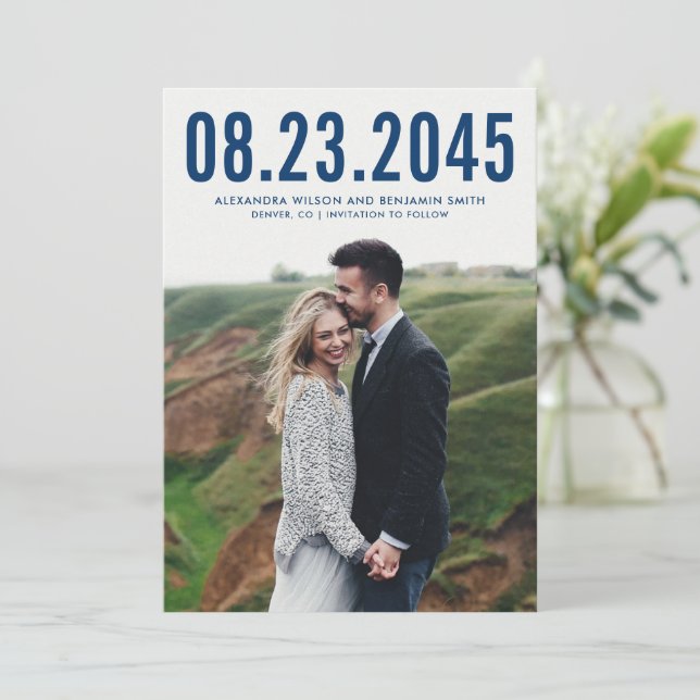 Navy Blue Simple Typography Photo Save the Date (Standing Front)