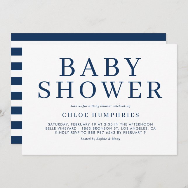 Navy Blue Simple Typography Stripe Boy Baby Shower Invitation (Front/Back)