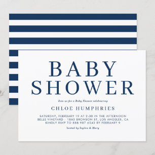 Navy Blue Simple Typography Stripe Boy Baby Shower Invitation