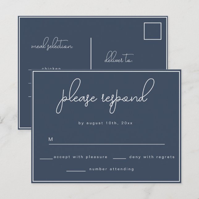 Navy Blue Simple Wedding RSVP Response Postcard  (Front/Back)