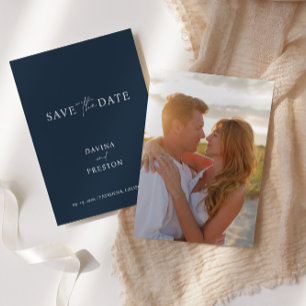 Navy Blue Simple Wedding Script Modern Photo Save The Date