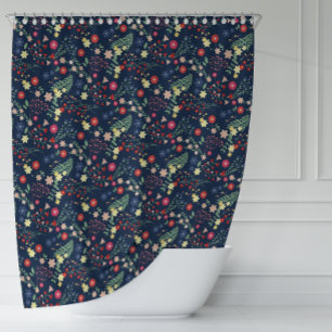 Navy Blue Simple Wildflower  Pattern  Shower Curtain