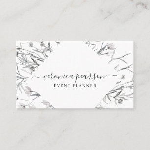 Navy Blue Sketched Florals   Modern Minimal Business Card