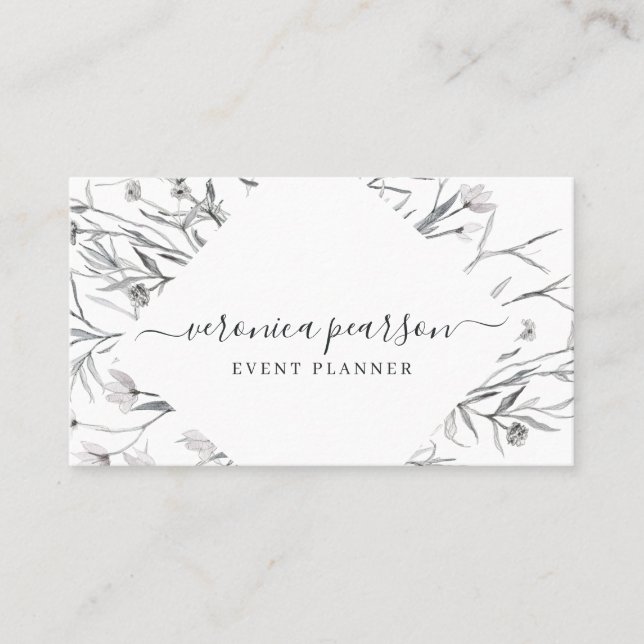 Navy Blue Sketched Florals | Modern Minimal Business Card (Front)