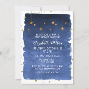 Navy Blue Sky and Golden Stars Baby Shower Invitat Invitation