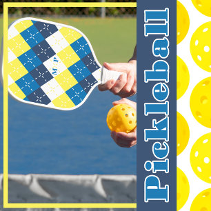 Navy Blue, Sky Blue, Lemon Yellow and White Argyle Pickleball Paddle