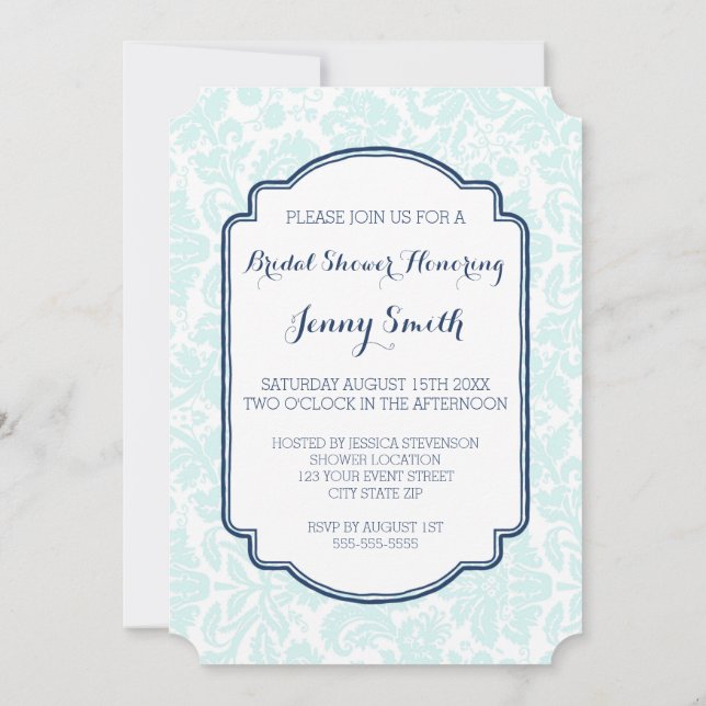 Navy Blue Sky Damask Bridal Shower Invitation (Back)