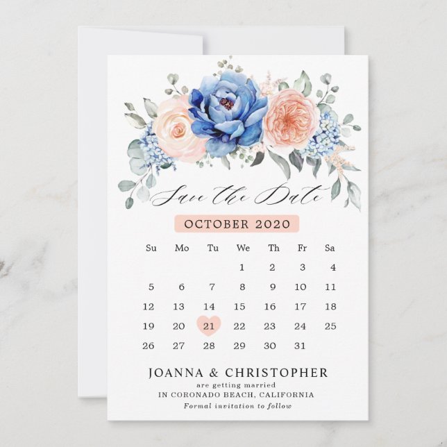 Navy Blue Slate Dusty Blush calendar Save The Date (Front)