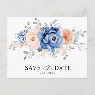 Navy Blue Slate Dusty Blush Floral Save the date Postcard