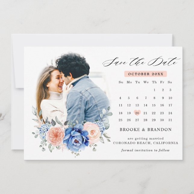 Navy Blue Slate Dusty Blush Floral Wedding Photo  Save The Date (Front)