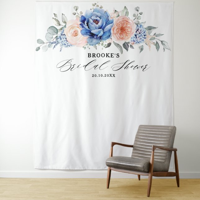 Navy Blue Slate Dusty Blush Pink Bridal Shower Tapestry (In Situ)