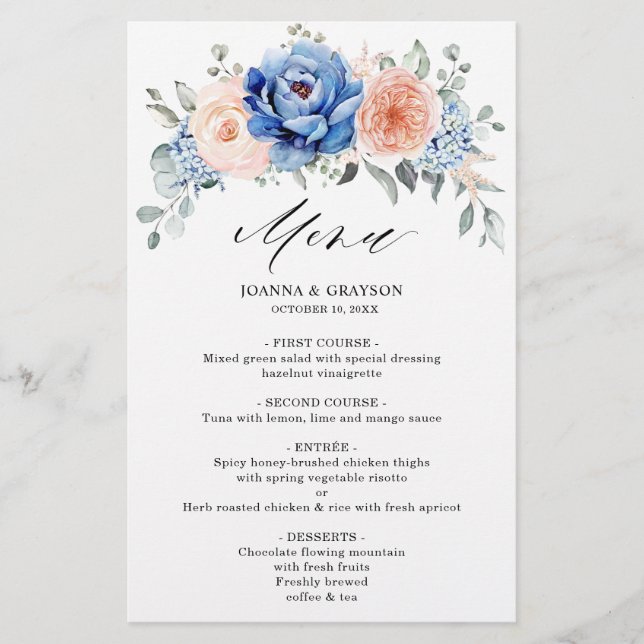 Navy Blue Slate Dusty Blush Pink Floral Menu (Front)