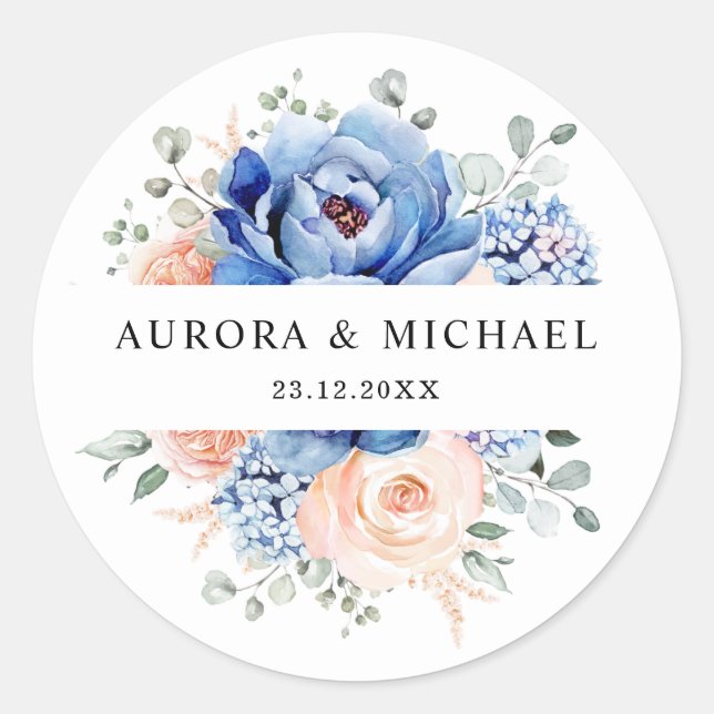 Navy Blue Slate Dusty Blush Pink Floral Wedding  Classic Round Sticker (Front)