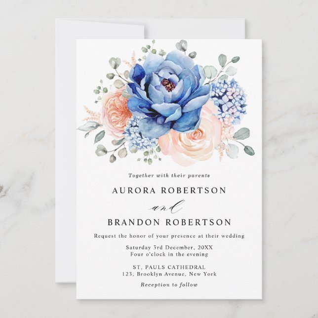 Navy Blue Slate Dusty Blush Pink Floral Wedding  Invitation (Front)