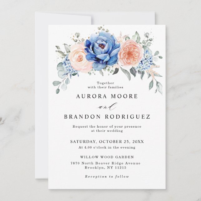 Navy Blue Slate Dusty Blush Pink Floral Wedding  Invitation (Front)