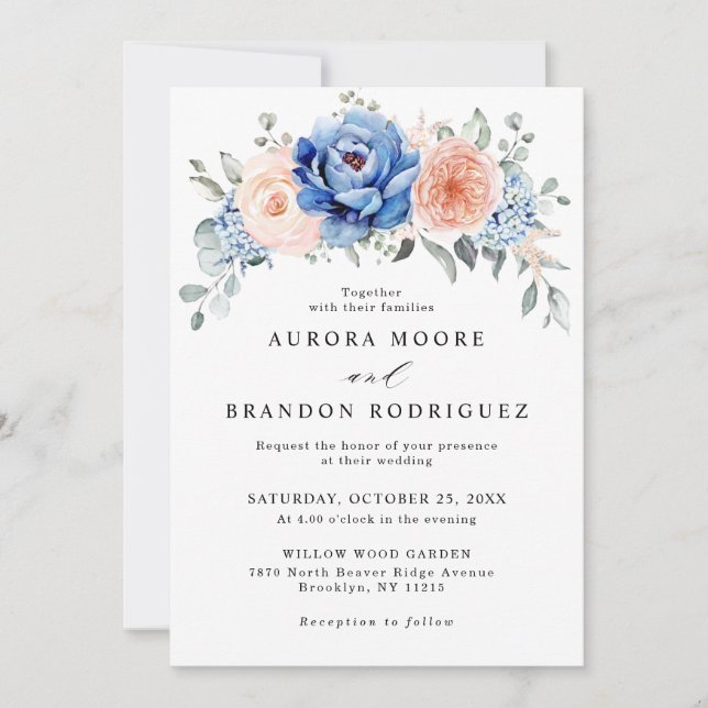 Navy Blue Slate Dusty Blush Pink Floral Wedding  Invitation (Front)