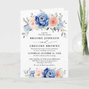 Navy Blue Slate Dusty Blush Pink Floral Wedding  Invitation