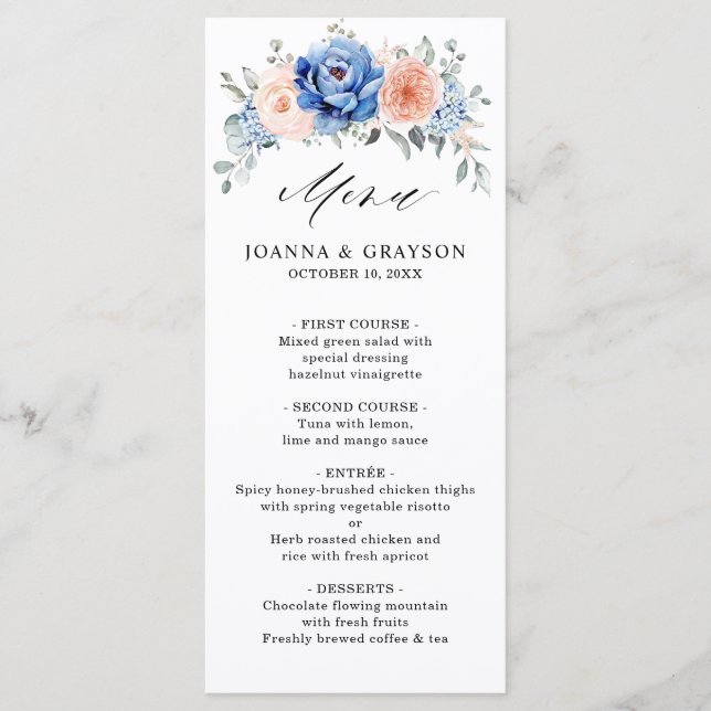 Navy Blue Slate Dusty Blush Pink Floral Wedding Menu (Front)