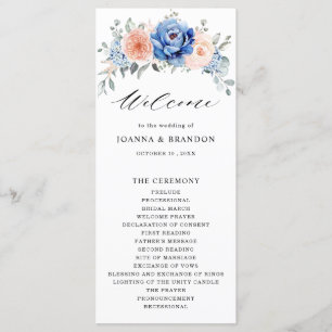 Navy Blue Slate Dusty Blush Pink Floral Wedding Programme