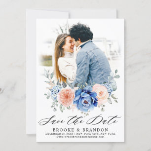 Navy Blue Slate Dusty Blush Pink Floral Wedding  Save The Date