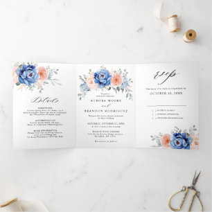Navy Blue Slate Dusty Blush Pink Floral Wedding  Tri-Fold Announcement