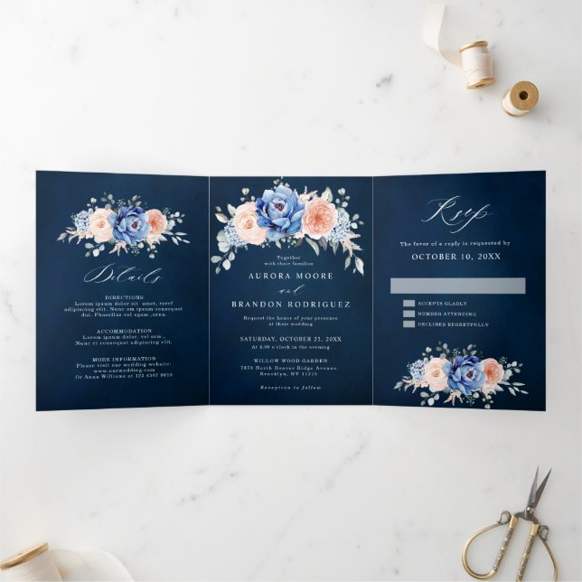 Navy Blue Slate Dusty Blush Pink Floral Wedding  Tri-Fold Announcement (Inside)