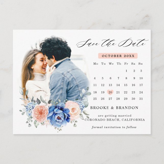 Navy Blue Slate Dusty Blush Pink Save the Date Postcard (Front)