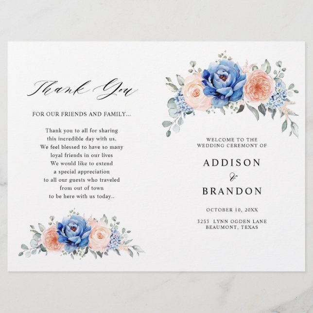 Navy Blue Slate Dusty Blush Pink Wedding Program (Front)