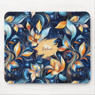 Navy Blue Slavic Folk Art Floral in Orange & Blue Mouse Mat