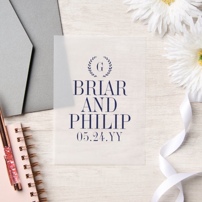 Navy Blue Slender Laurel Wreath Monogram Wedding Vellum Invitations (Wedding)