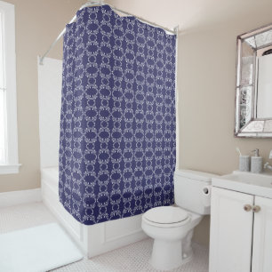Navy Blue Small White Floral Print Shower Curtain