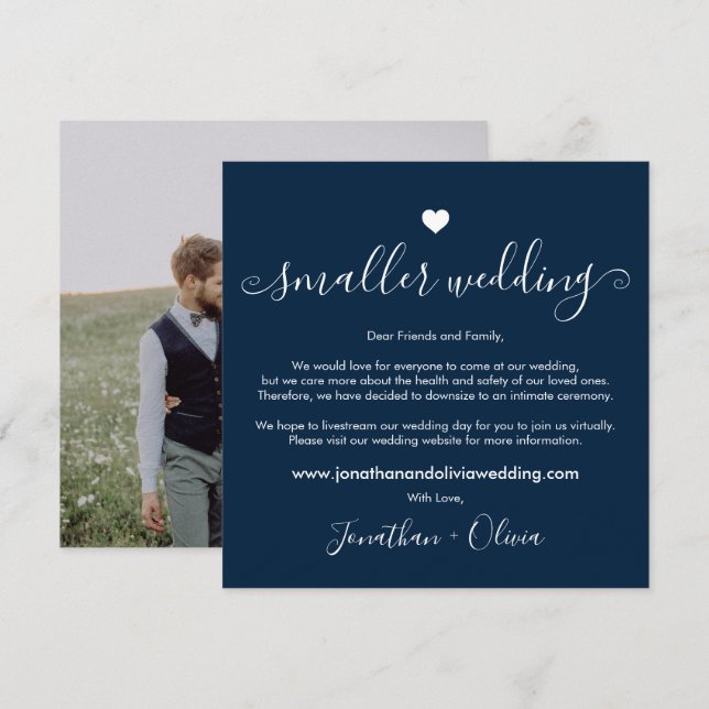 Navy Blue Smaller Wedding Photo Downsized Wedding Announcement (Front/Back)