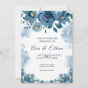 Navy Blue Smoke Floral Wedding Invitation