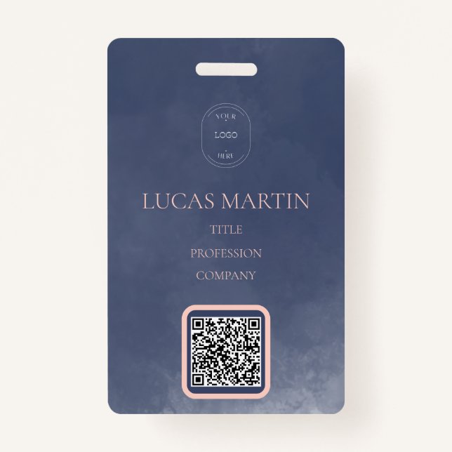 Navy Blue Smokey QR code Employee Name Badge ID Badge (Front)