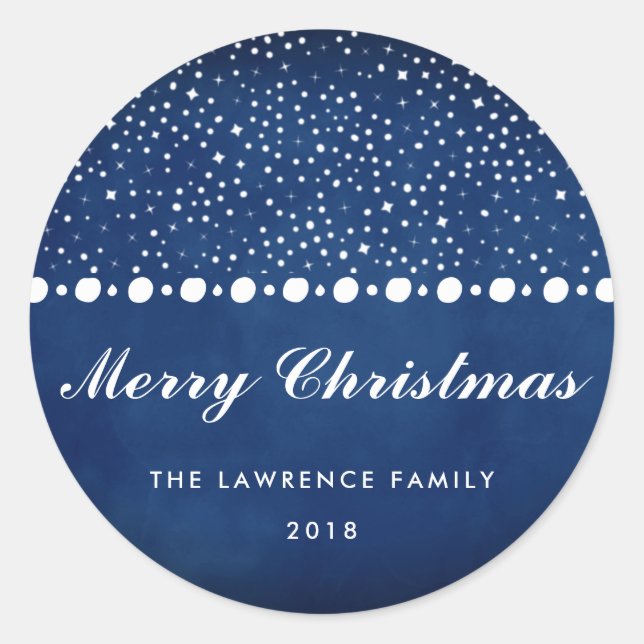 Navy Blue Snow Stars Merry Christmas Holiday Classic Round Sticker (Front)