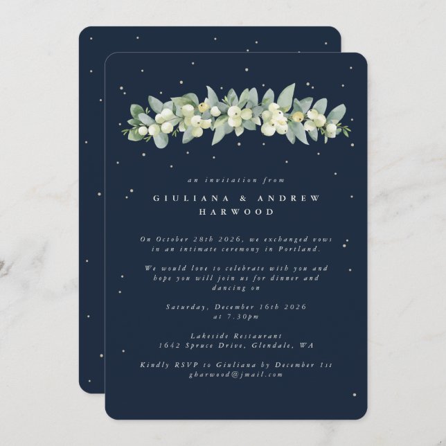 Navy Blue Snowberry+Eucalyptus Wedding Reception Invitation (Front/Back)
