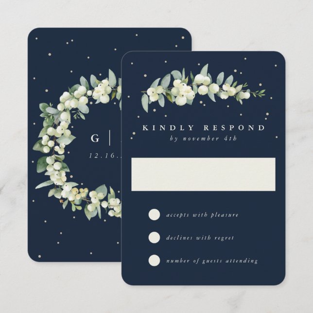 Navy Blue Snowberry+Eucalyptus Winter Wedding RSVP Card (Front/Back)