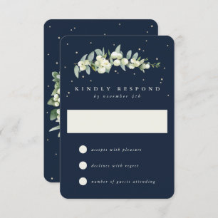Navy Blue Snowberry+Eucalyptus Winter Wedding RSVP Card
