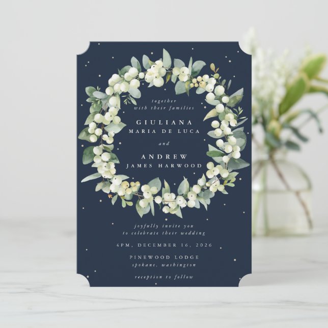 Navy Blue Snowberry+Eucalyptus Wreath Wedding Invitation (Standing Front)