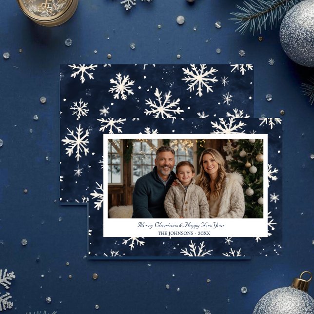 Navy Blue Snowflake Christmas Photo Holiday Card (Navy Blue Snowflake Christmas Photo Holiday Card)